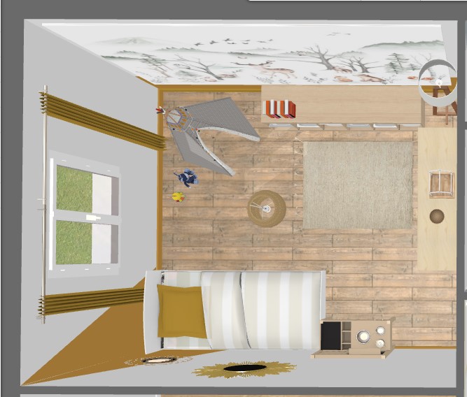 odecoration,plan 3D, aménagement intérieur,idée déco chambre enfant,marron/blanc,bois,rotin,thème forêt