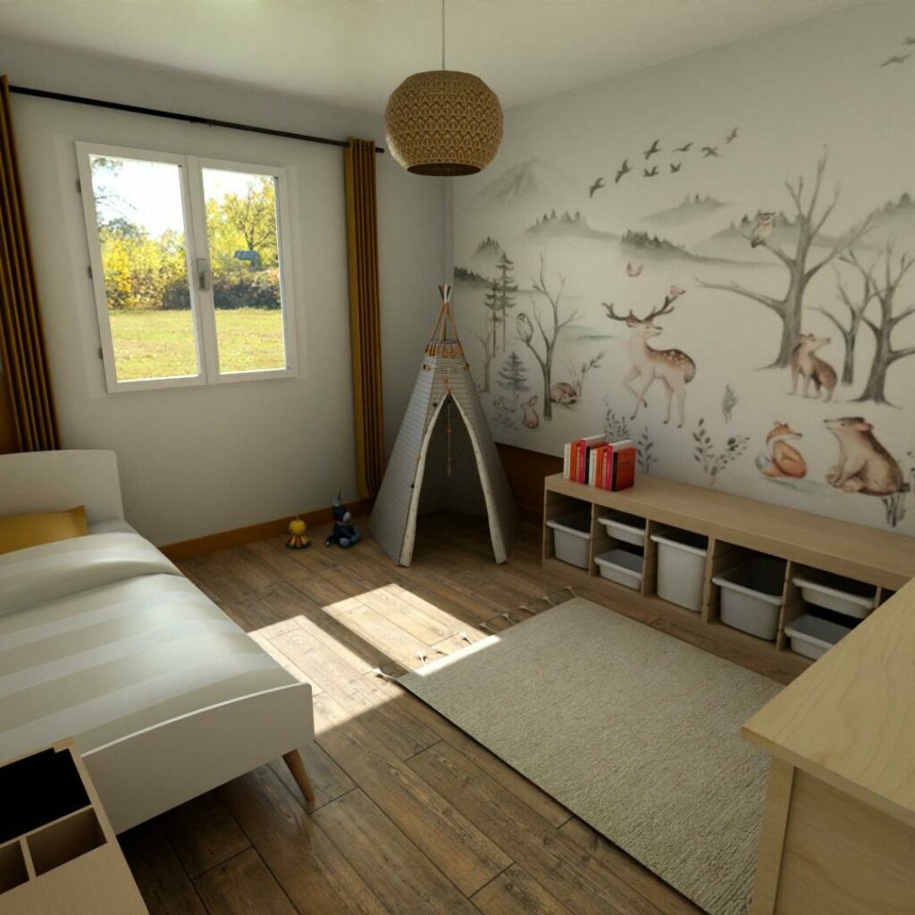 odecoration,odéco,plan HD,chambre garçon.papier peint panoramique,la forêt.les animaux,lustre rotin,aménagement chambre enfant.