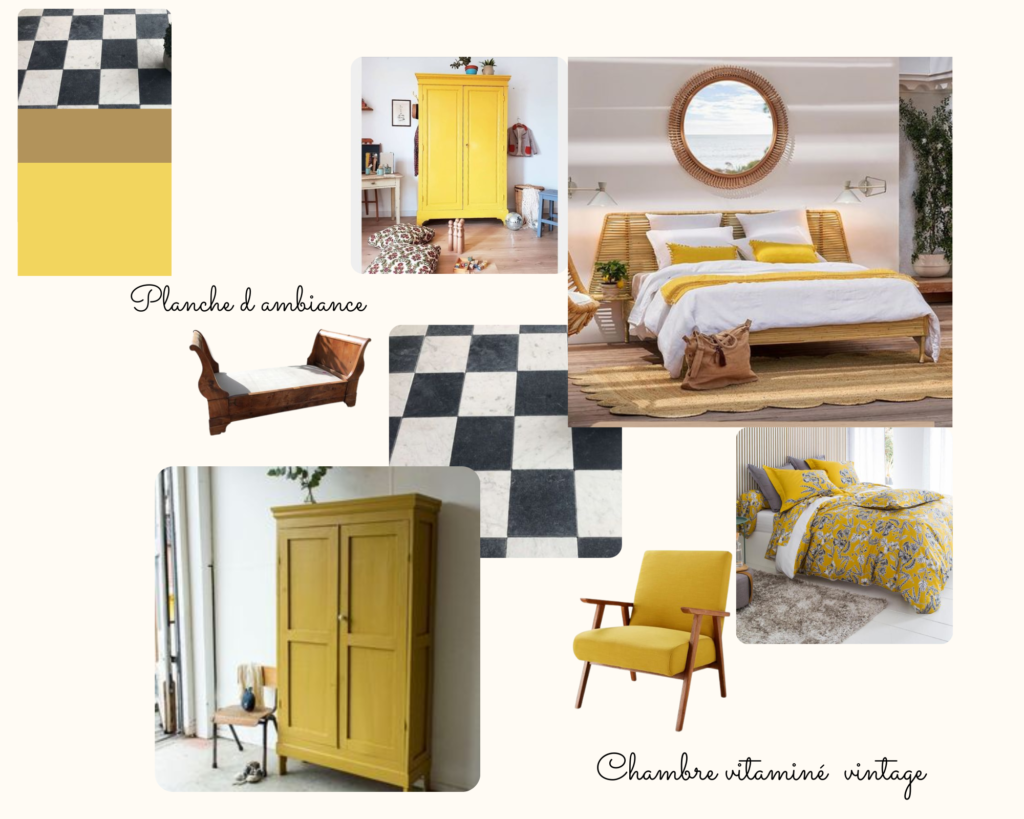 Planche ambiance,chambre, chambre colorée,chambre vintage,chambre jaune,carrelage noir et banc, 